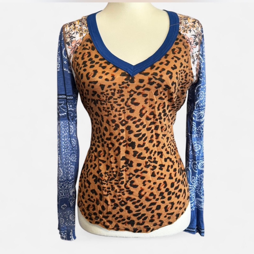 We The Free Leopard and Blue Long Sleeve Top